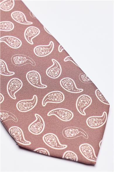Moka Kahve Beyaz Şal Desenli 7 Fold İpek Kravat