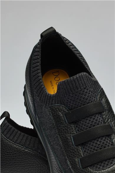 Siyah Bağcıksız Örgü Deri Sneaker