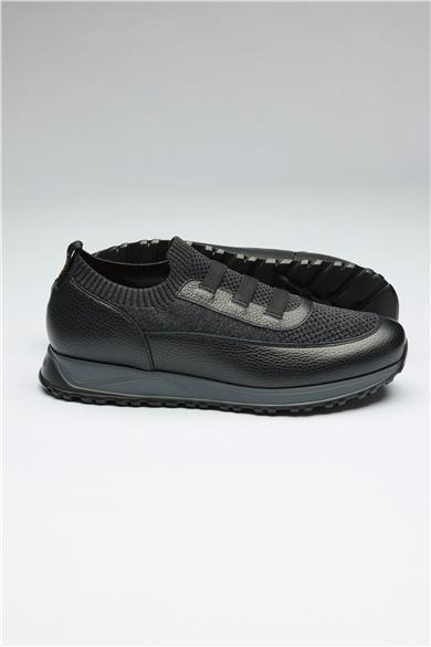 Siyah Bağcıksız Örgü Deri Sneaker