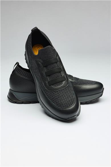 Siyah Bağcıksız Örgü Deri Sneaker