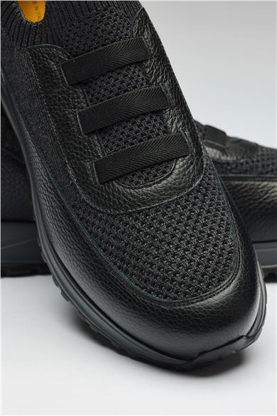 Siyah Bağcıksız Örgü Deri Sneaker