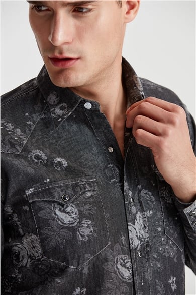 Siyah Desenli Western Denim Gömlek