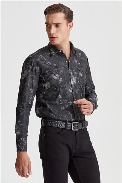 Siyah Desenli Western Denim Gömlek