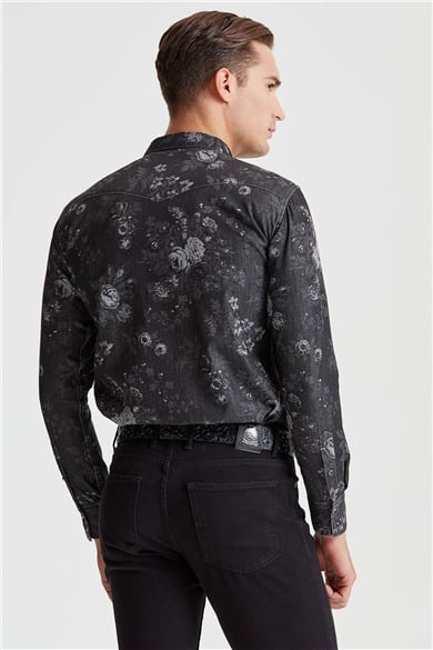 Siyah Desenli Western Denim Gömlek