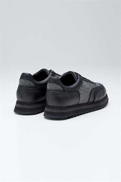 Siyah Gri Bağcıksız Örgü Deri Sneaker 