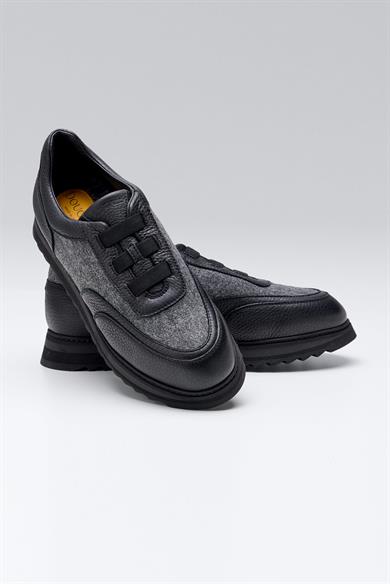 Siyah Gri Bağcıksız Örgü Deri Sneaker 