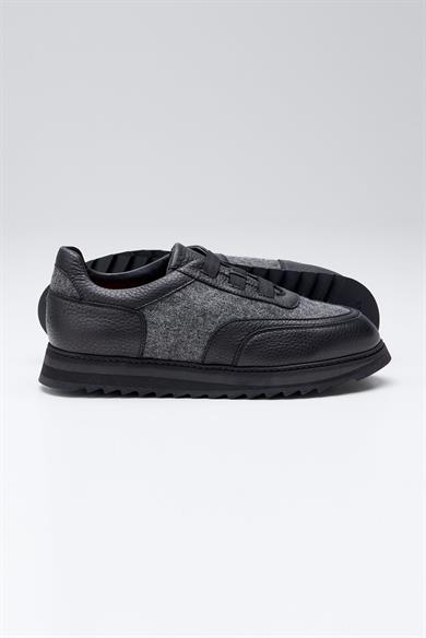 Siyah Gri Bağcıksız Örgü Deri Sneaker 