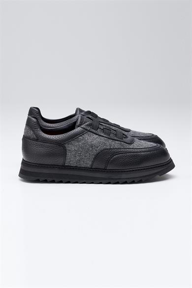 Siyah Gri Bağcıksız Örgü Deri Sneaker 