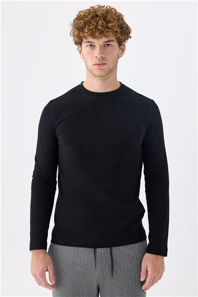 Siyah  Sıfır Yaka Pamuk Sweatshirt