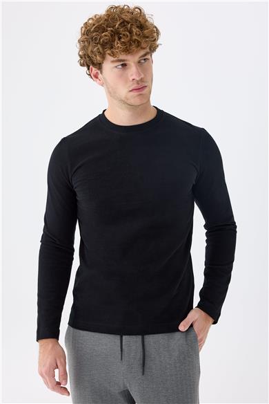 Siyah  Sıfır Yaka Pamuk Sweatshirt