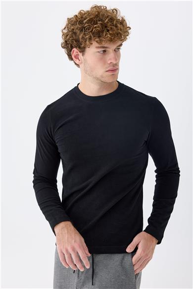 Siyah  Sıfır Yaka Pamuk Sweatshirt