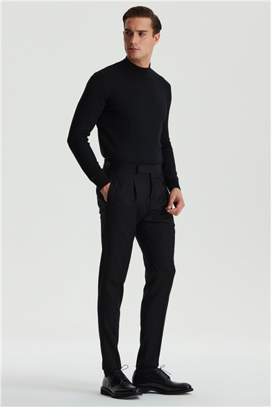 Siyah Tokalı Yün Flanel Pantolon