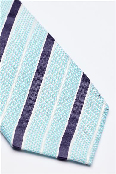 Turkuaz Lacivert Beyaz Çizgili 7 Örgü Fold İpek Kravat