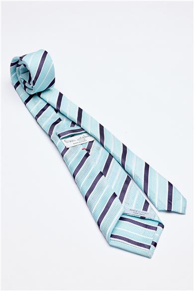 Turkuaz Lacivert Beyaz Çizgili 7 Örgü Fold İpek Kravat