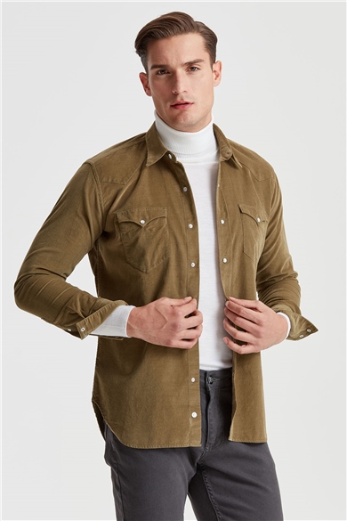 Yeşil Kadife Western Pamuk Gömlek