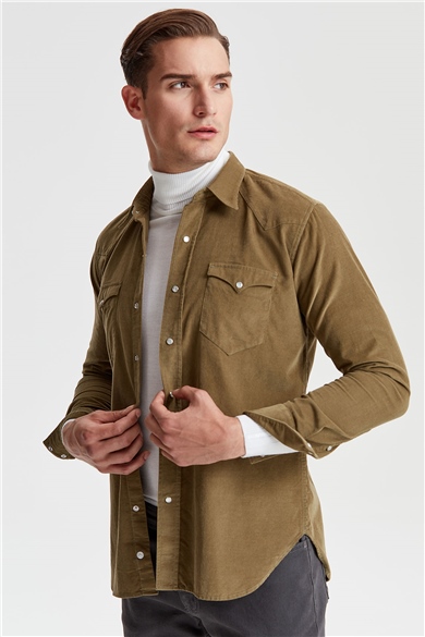 Yeşil Kadife Western Pamuk Gömlek