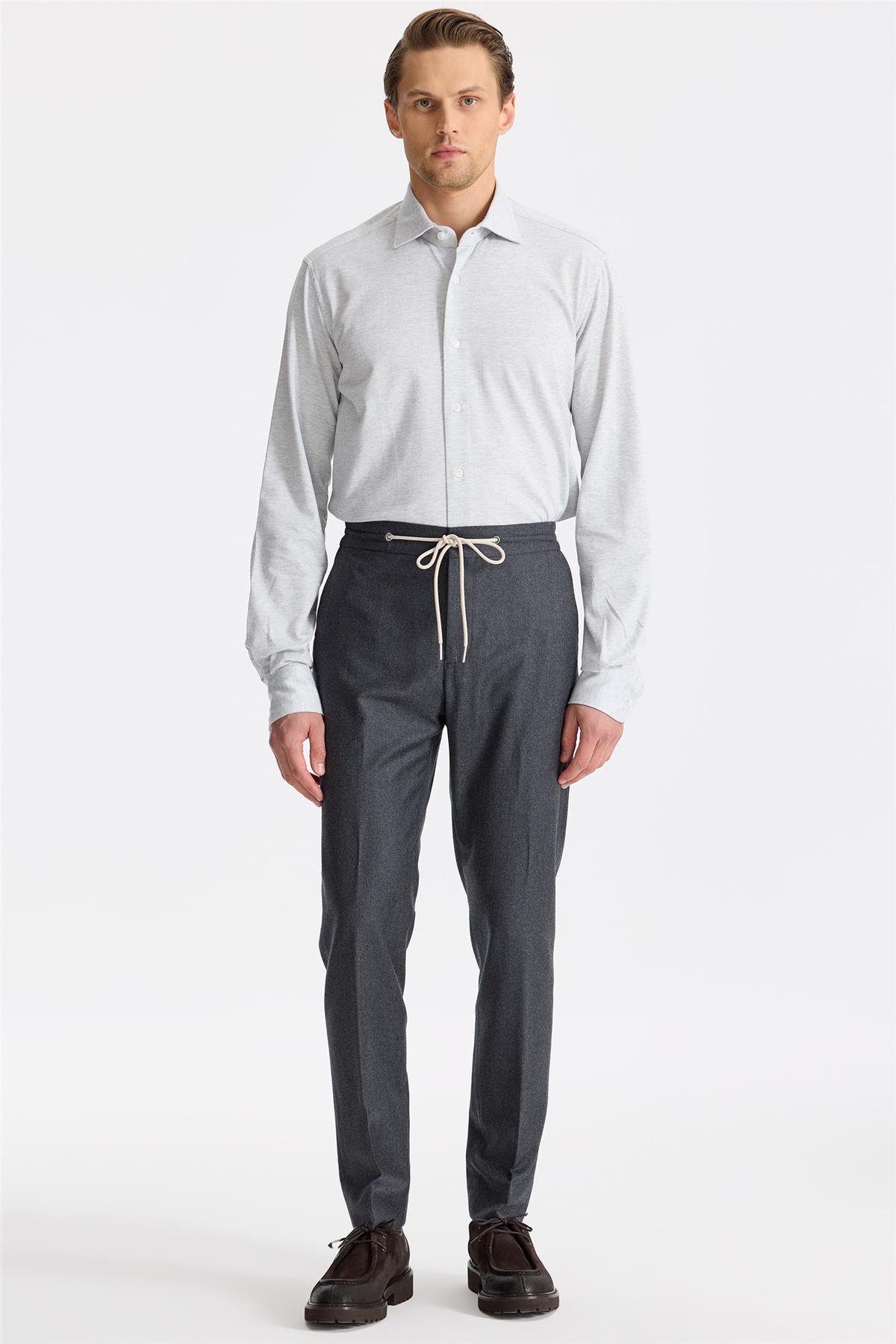 Antrasit Gri Beli Bağcıklı Yün Pantolon