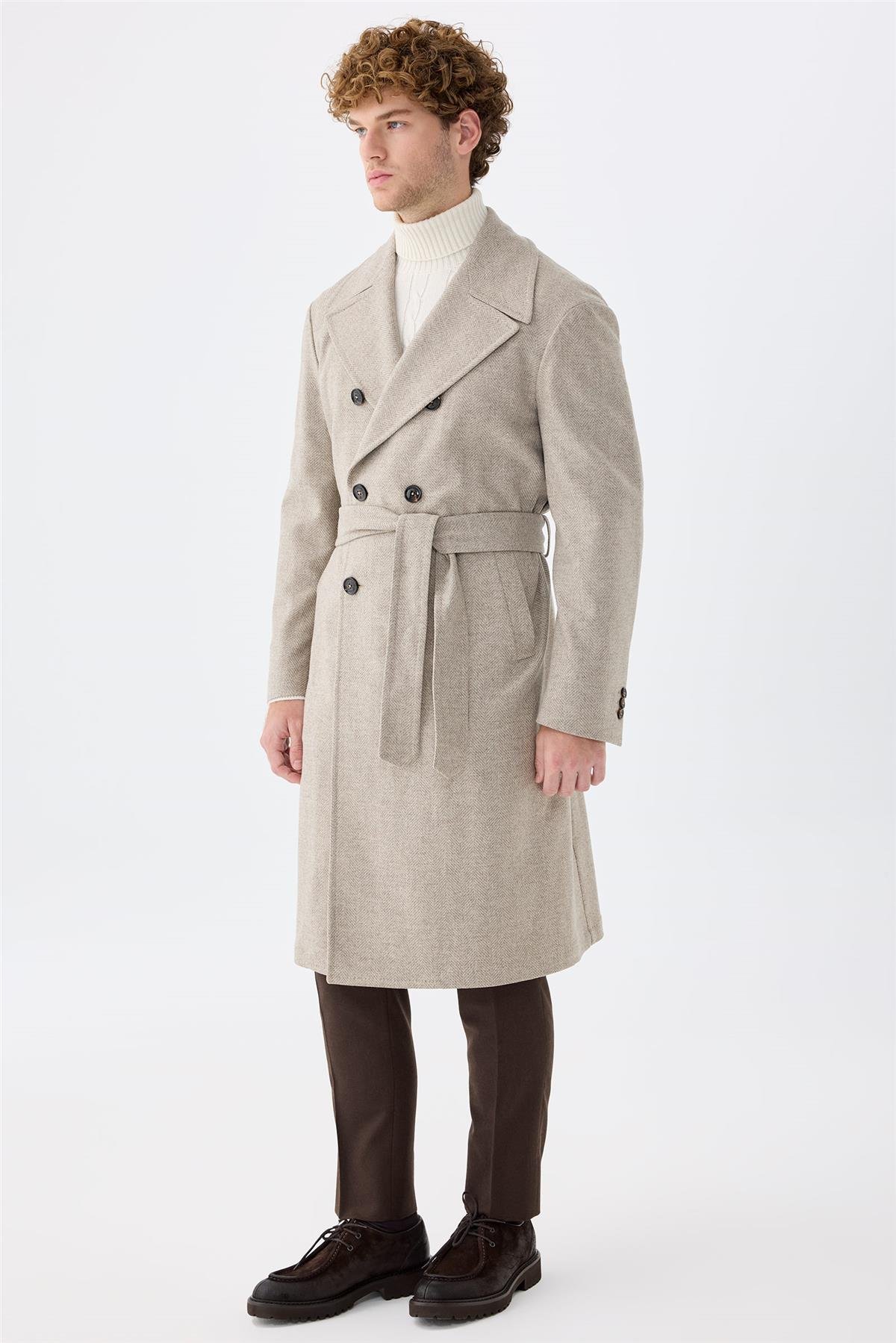 Bej Balıksırtı Kruvaze Yün Palto