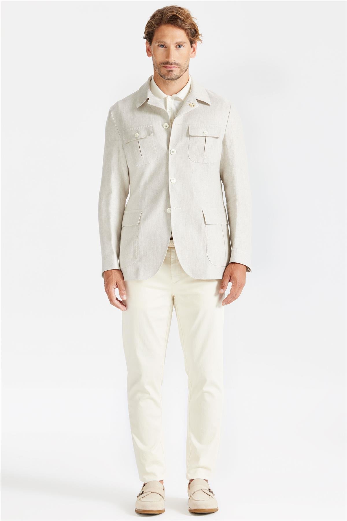 Bej Keten Safari Ceket