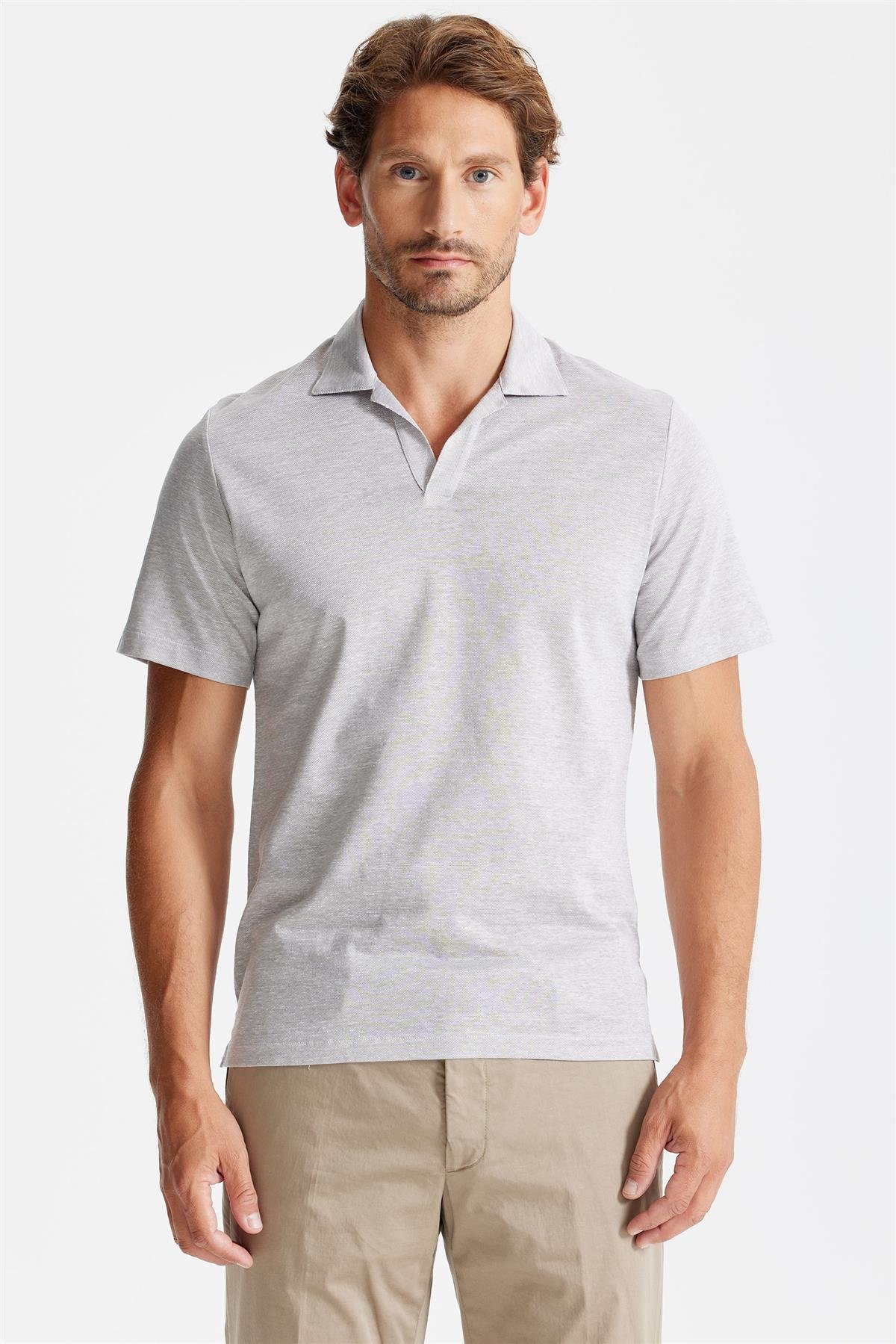 Bej Pamuk Keten Polo Yaka T-shirt 