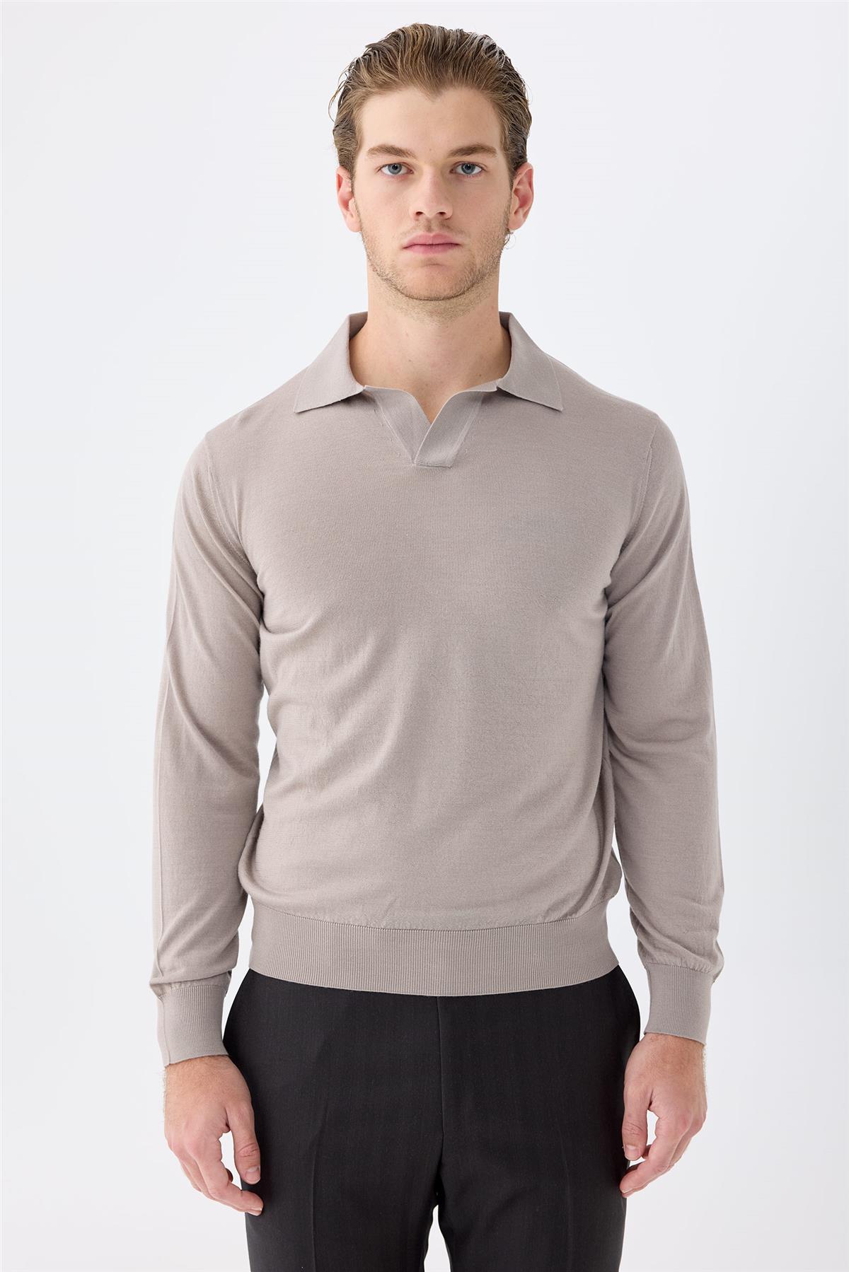 Bej Polo Yaka Yün İpek Kaşmir Triko