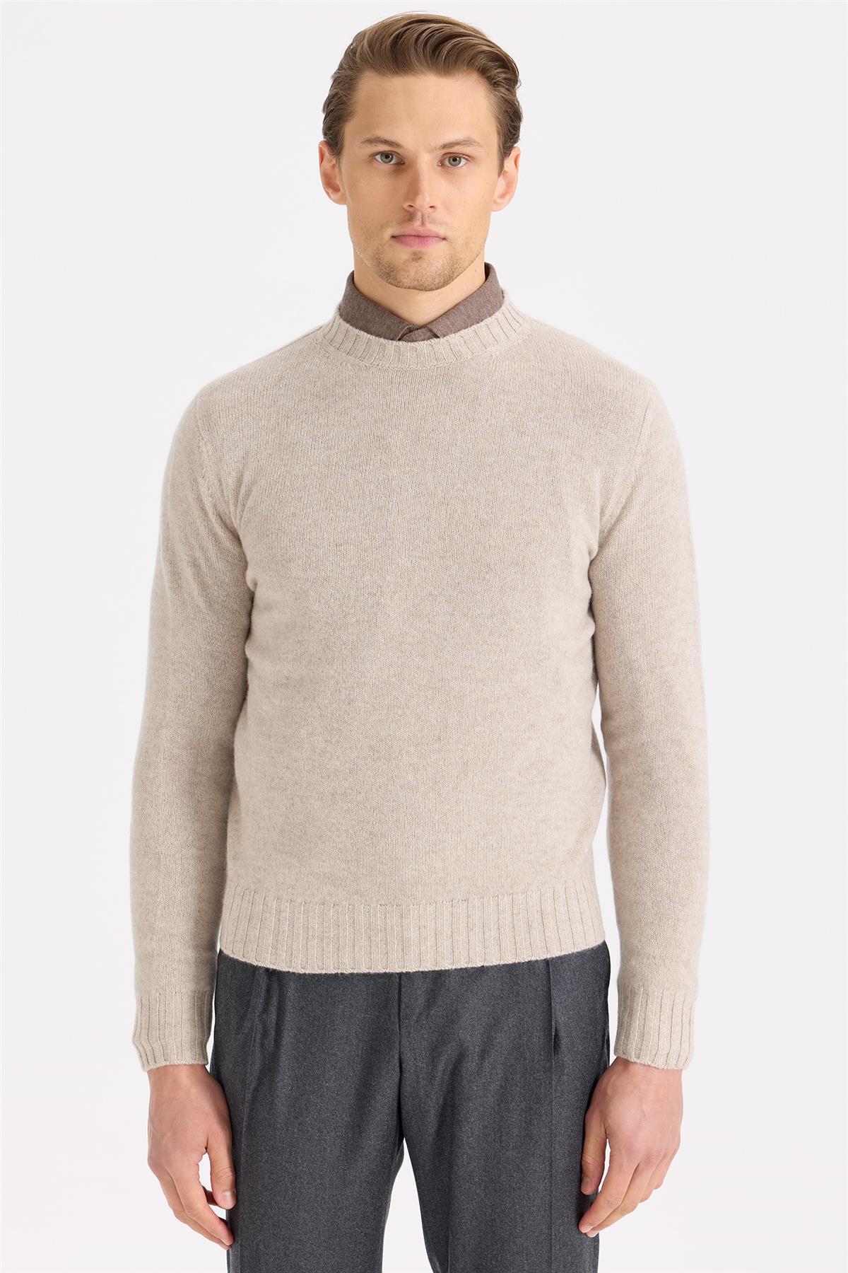 Bej Sıfır Yaka Kaşmir Triko