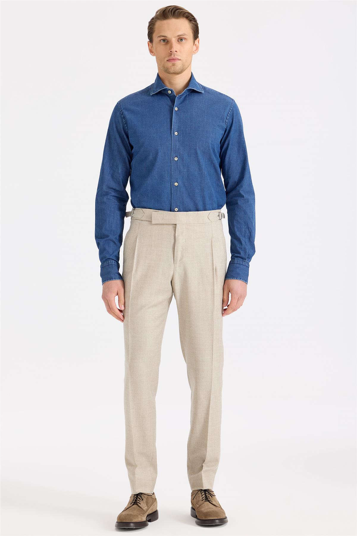 Bej Tokalı Yün Flanel Pantolon