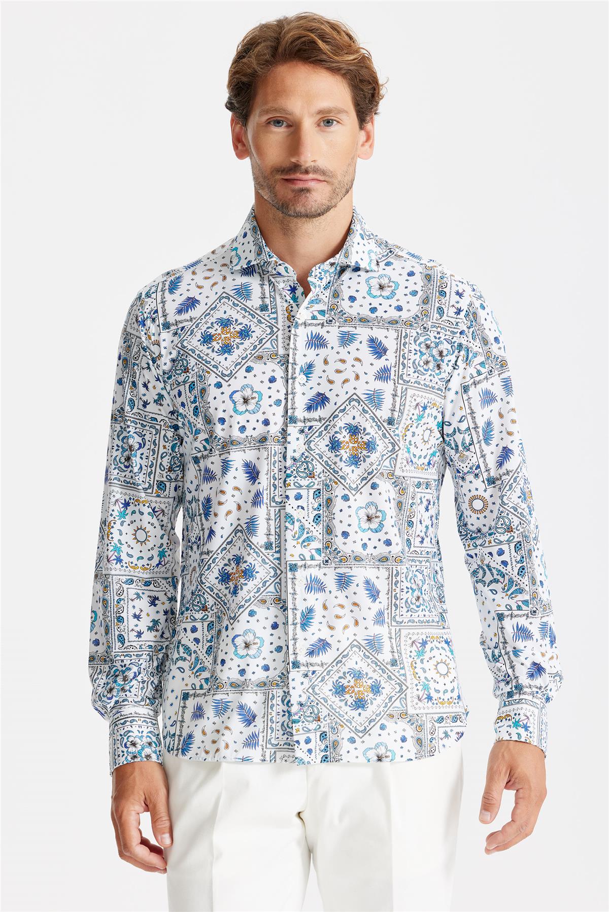 Beyaz Mavi Karma Desen Teknik Kumaş Gömlek