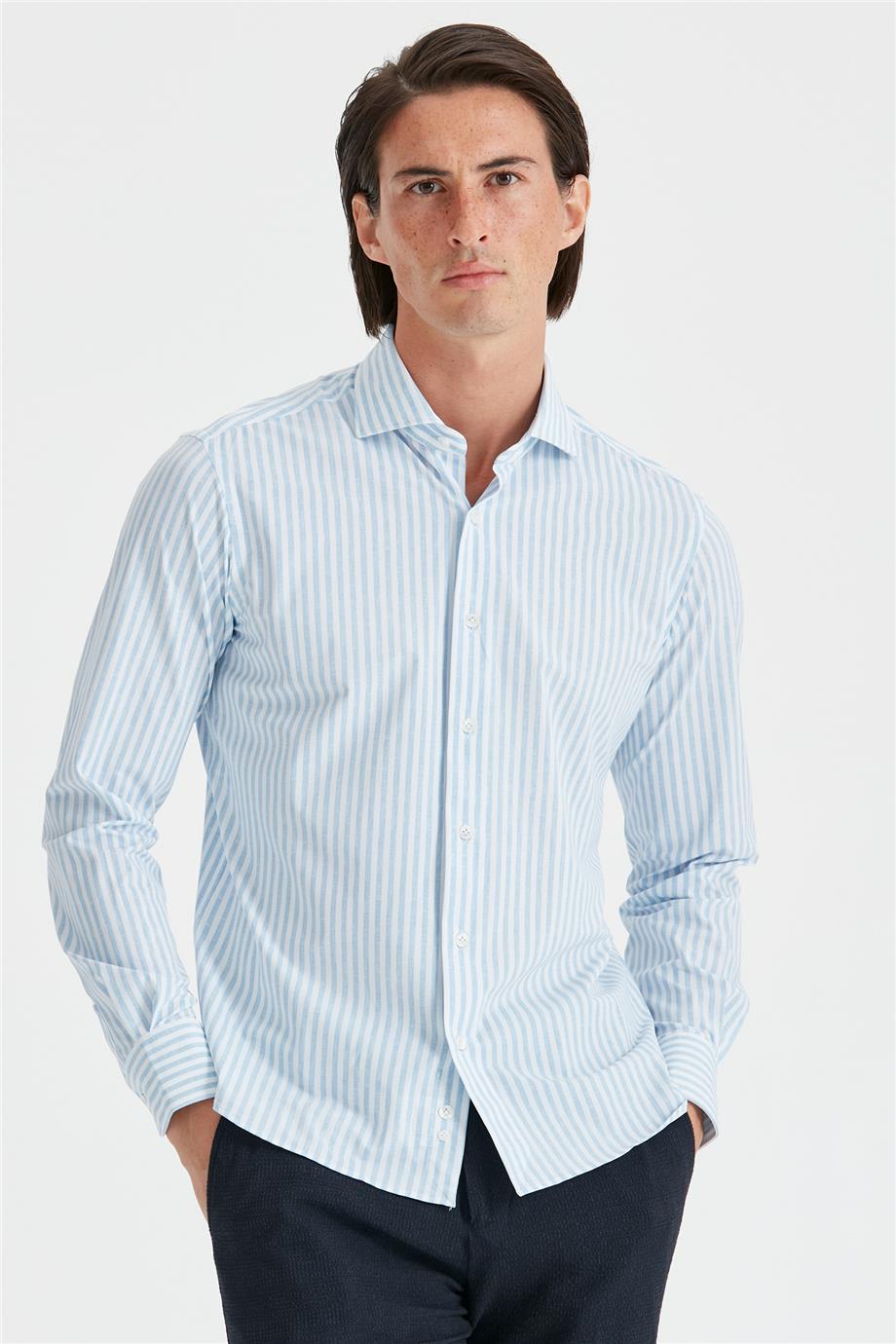 Beyaz Mavi Renk Çizgili Teknik Gömlek