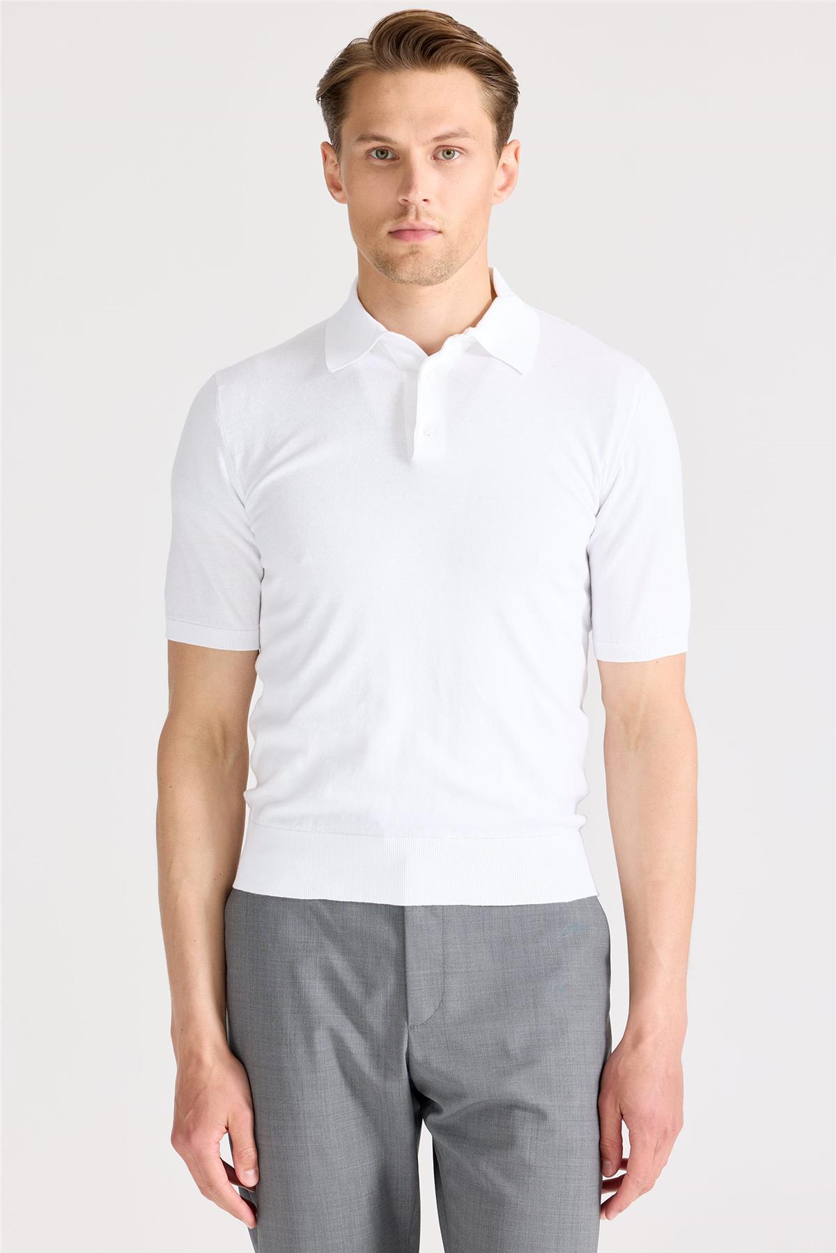Beyaz Polo Yaka Pamuk Triko