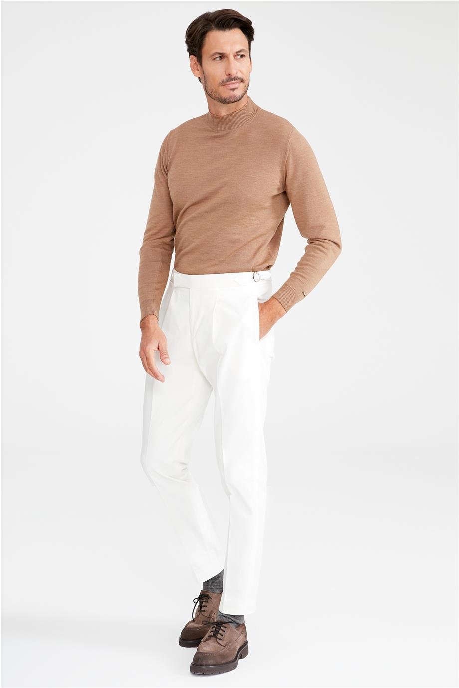 Ekru Kemersiz Pileli Pamuk Pantolon