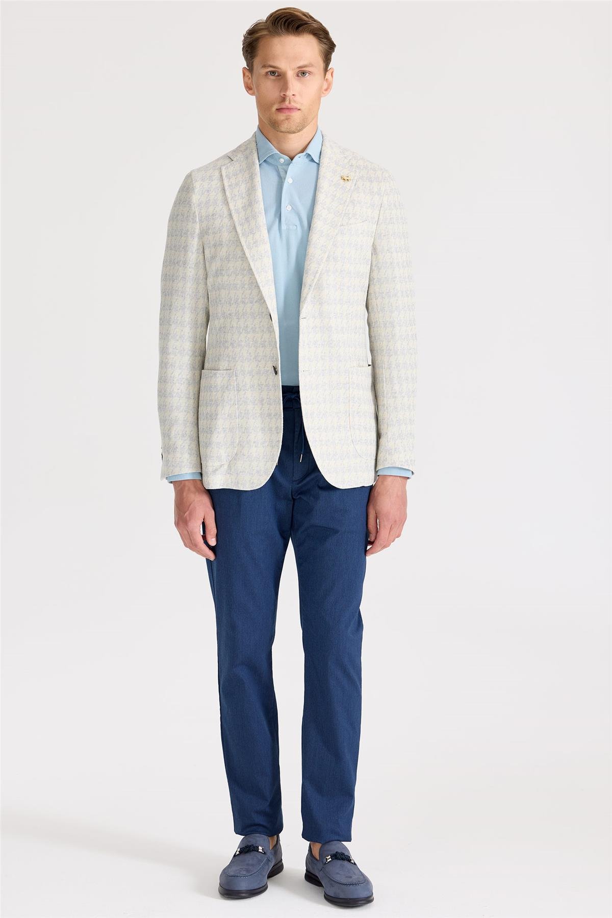 Ekru Mavi Desenli Pamuk Keten Ceket