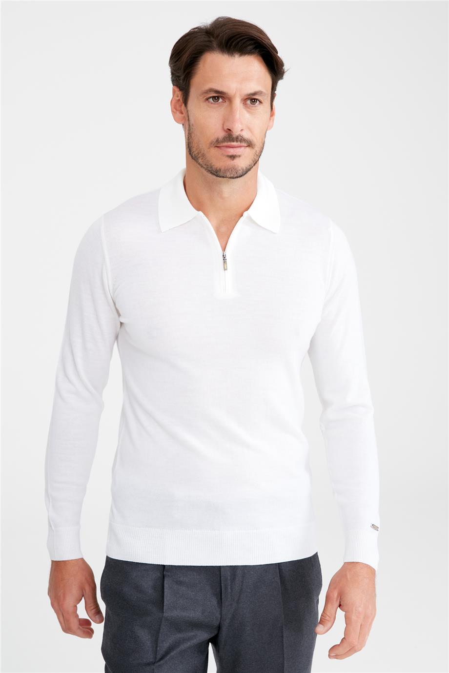 Ekru Polo Yaka Yün Triko