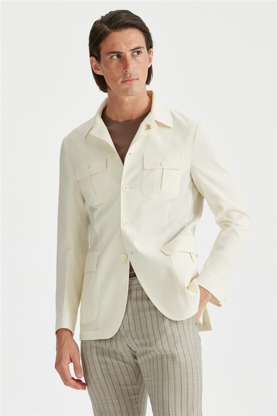 Ekru Sahariana Yün Keten Ceket