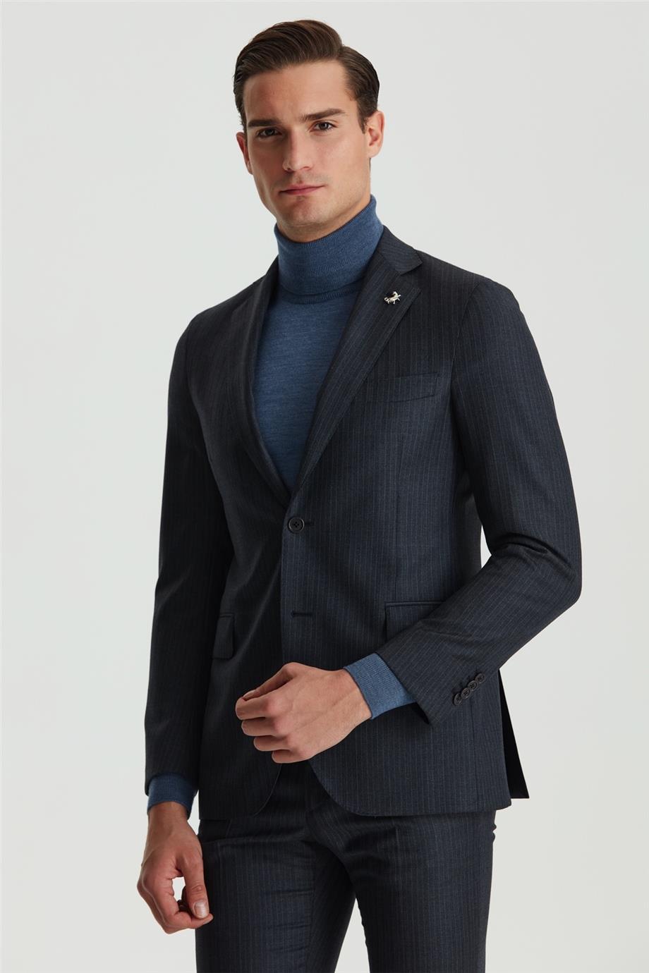 Füme Renk Mavi Çizgili Yün Takım Elbise