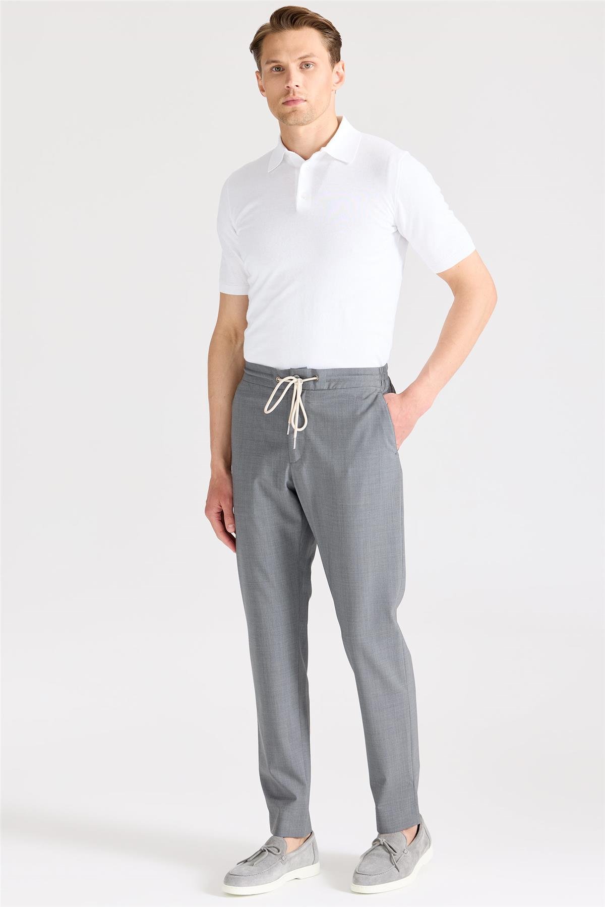 Gri Bağcıklı Yün Pantolon 