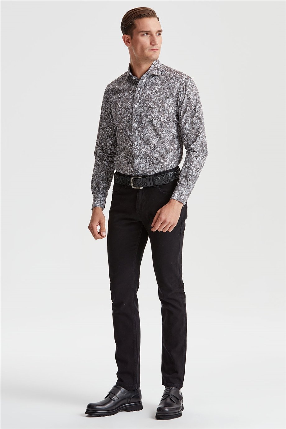 Gri Küçük Çiçek Desenli Pamuk Gömlek