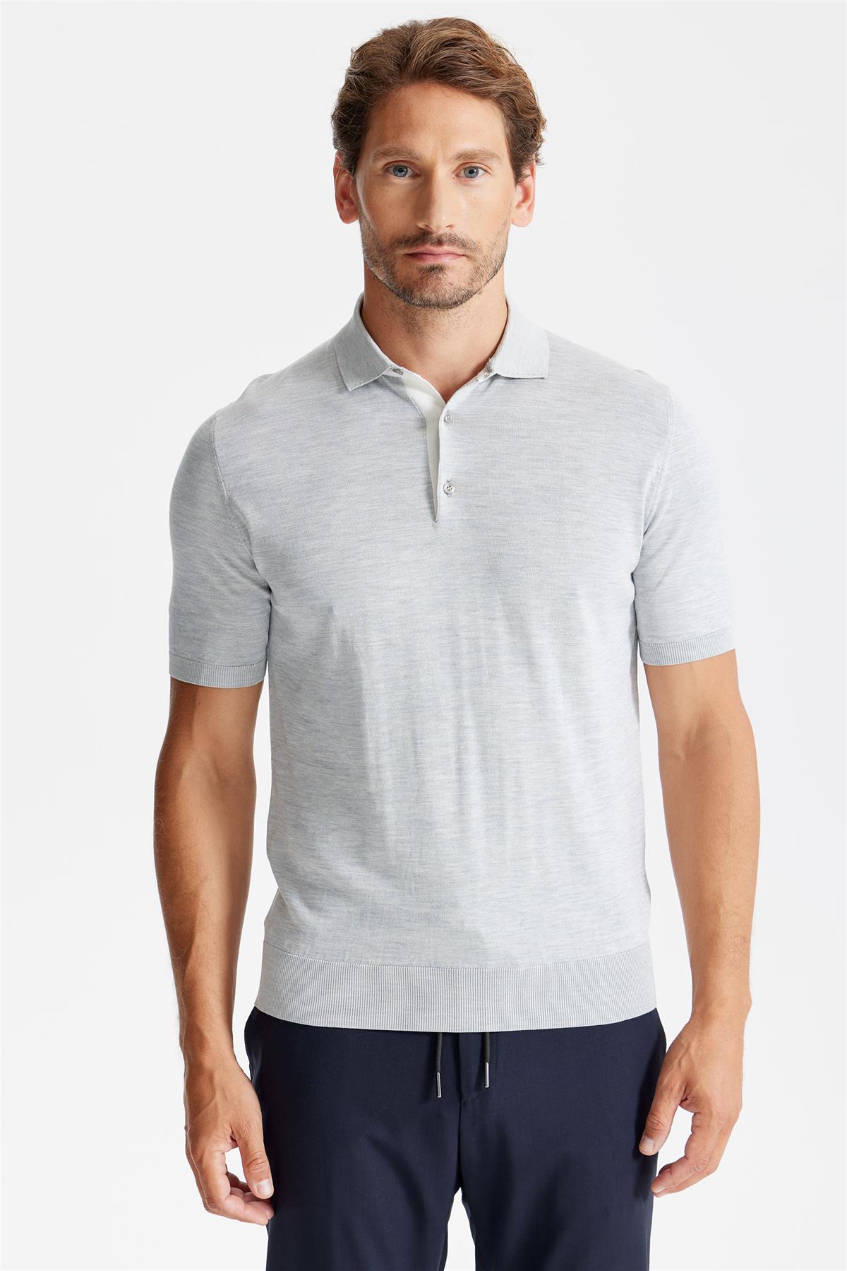 Gri Polo Yaka Pamuk İpek Triko