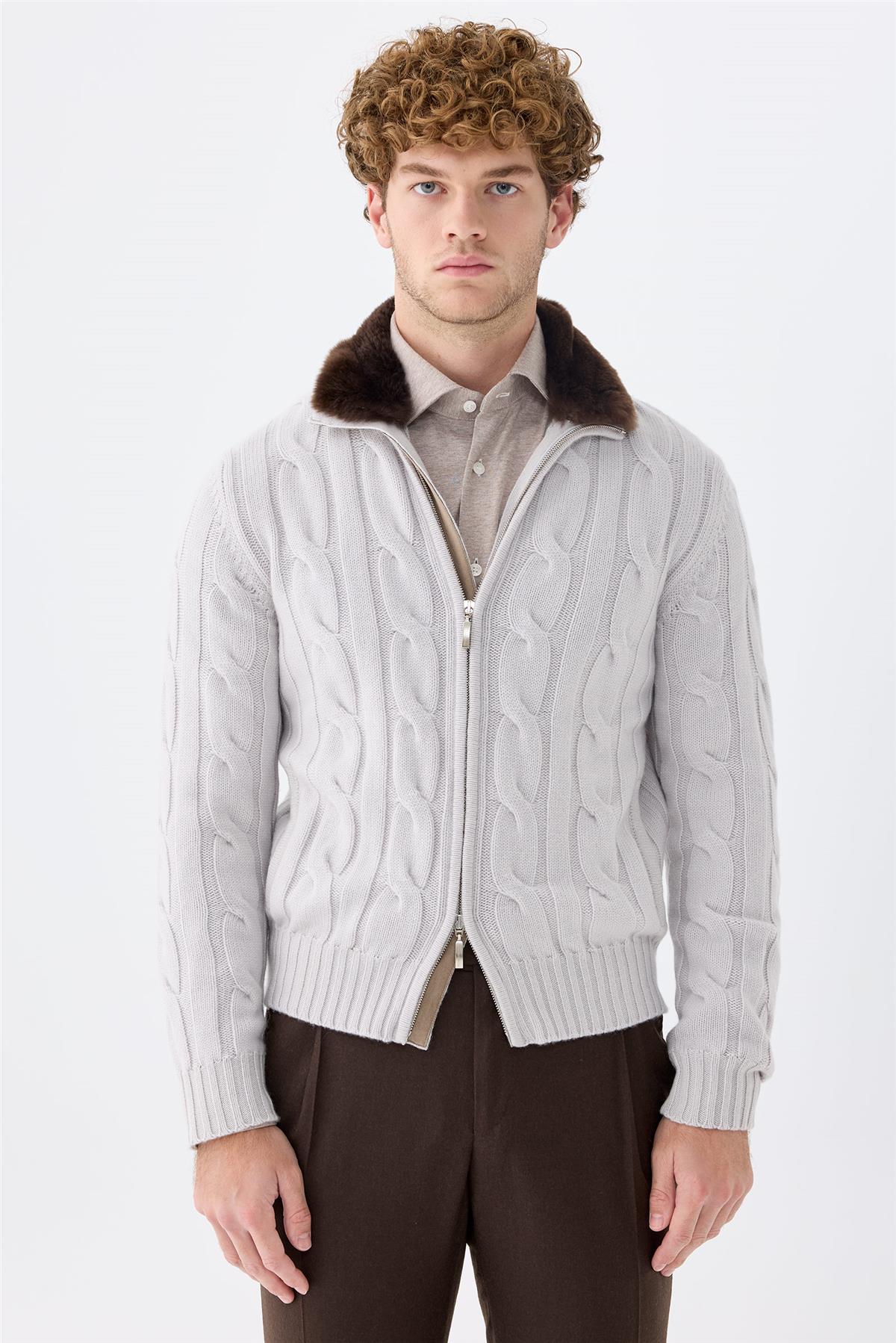 Gri Kalın Örgü Fermuarlı Kaşmir Hırka