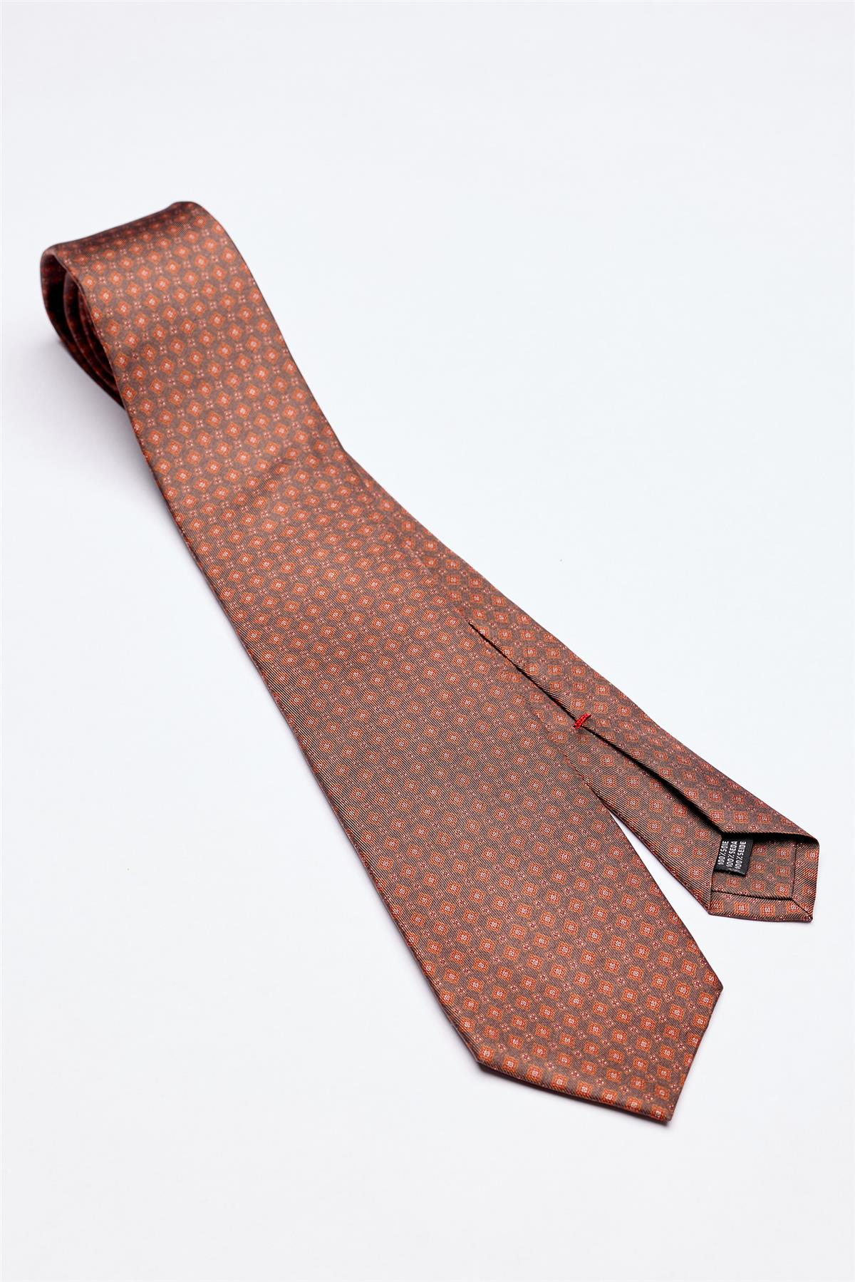 Kahverengi Desenli 7 Fold İpek Kravat