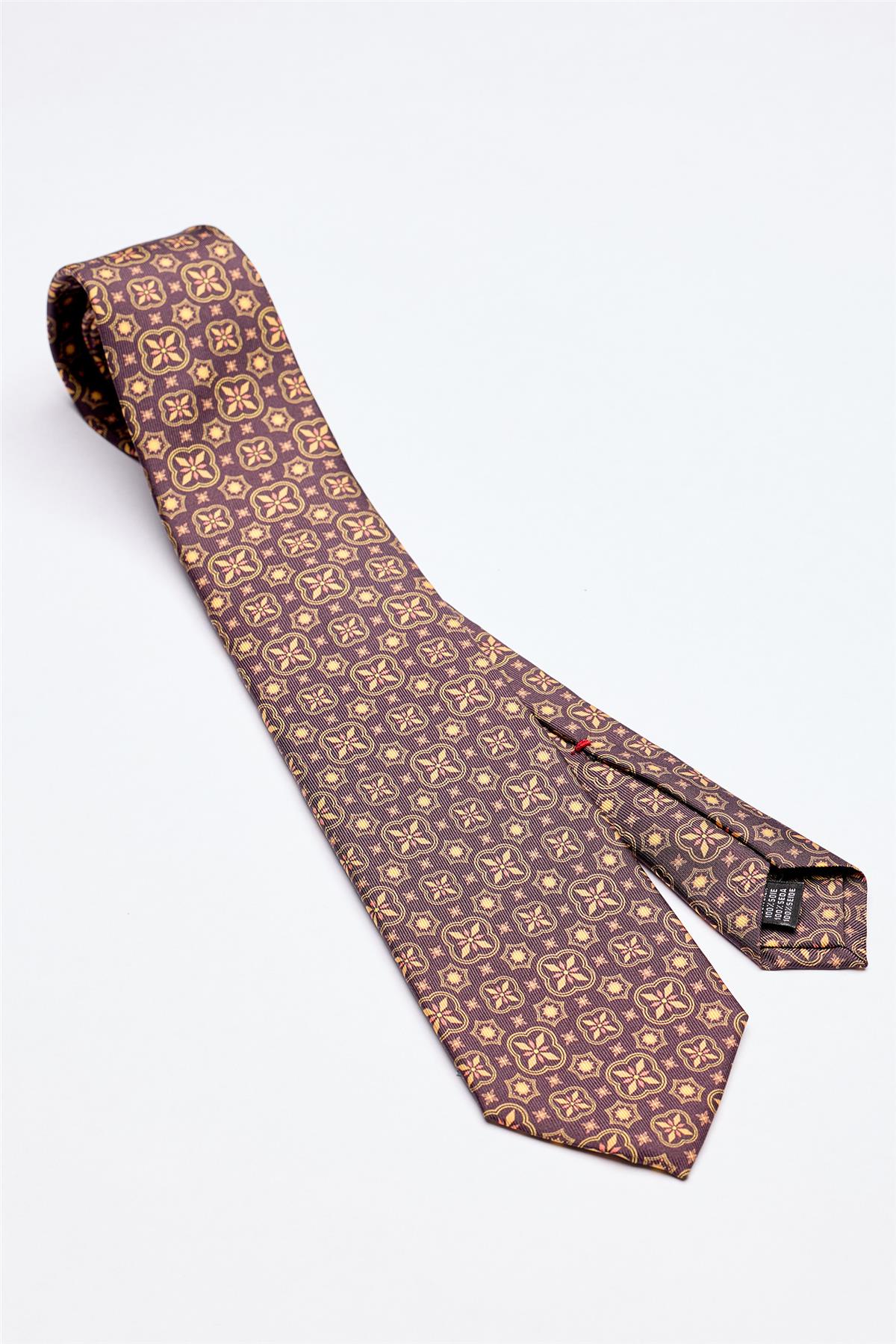 Kahverengi Hardal Desenli 7 Fold İpek Kravat