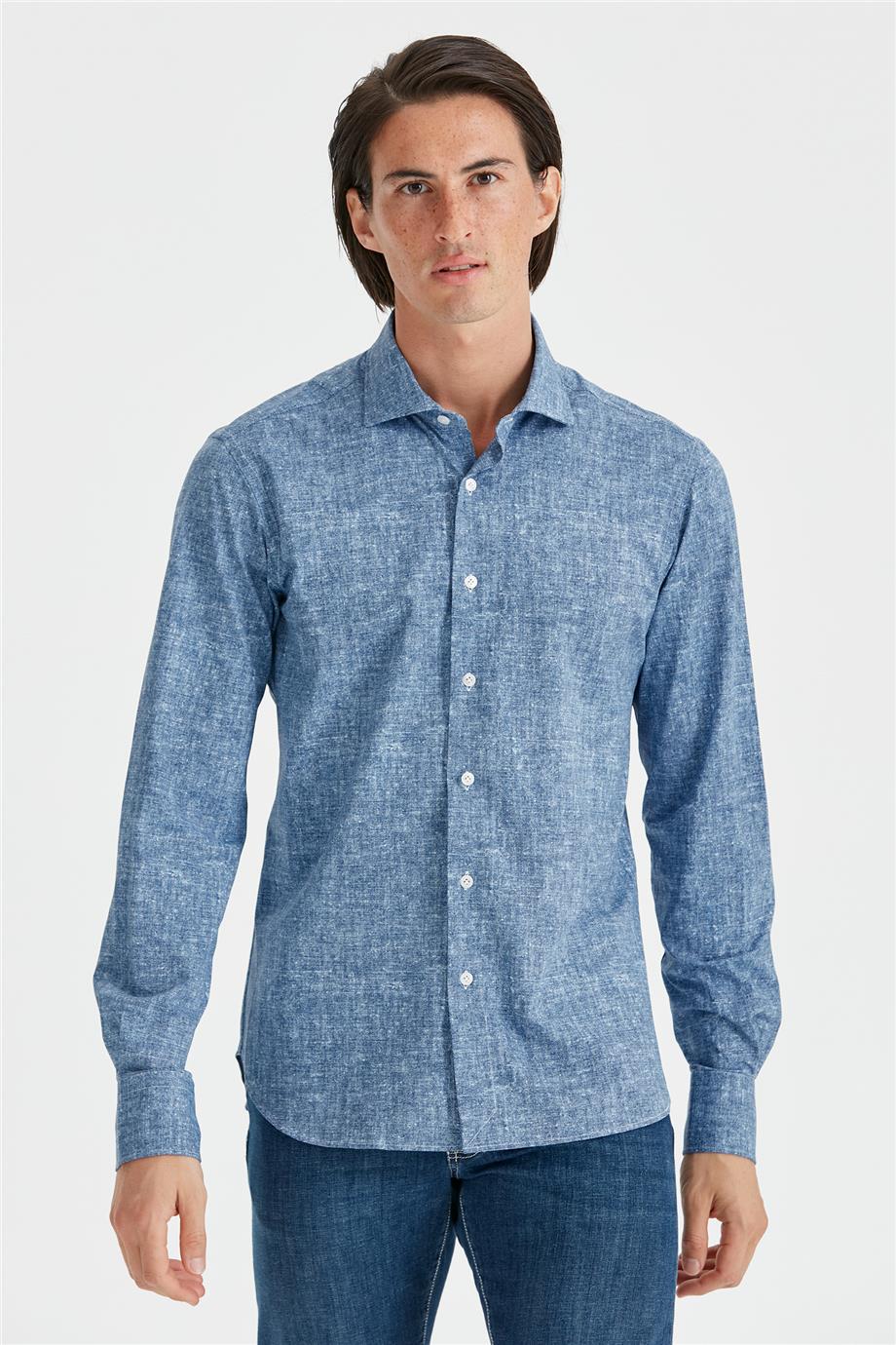 Koyu Mavi Desenli Teknik Kumaş Gömlek