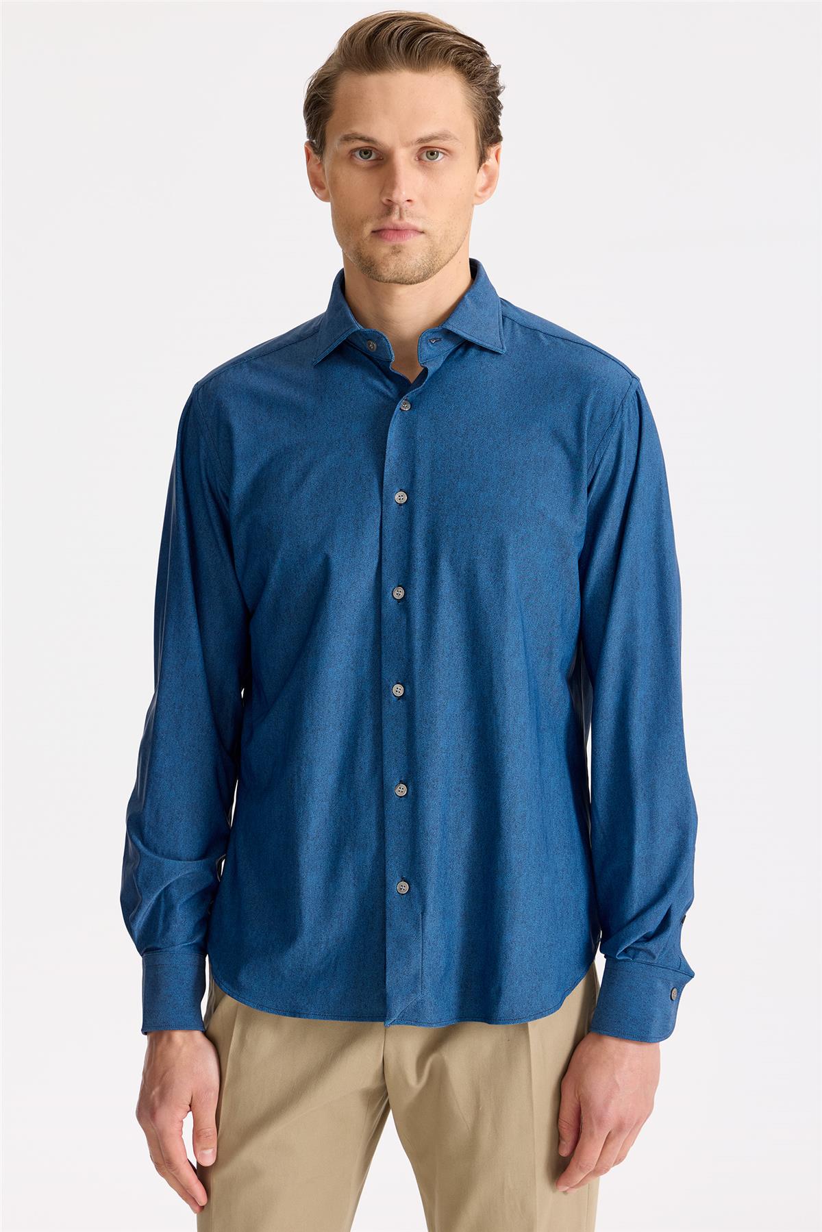 Koyu Mavi Teknik Kumaş Gömlek