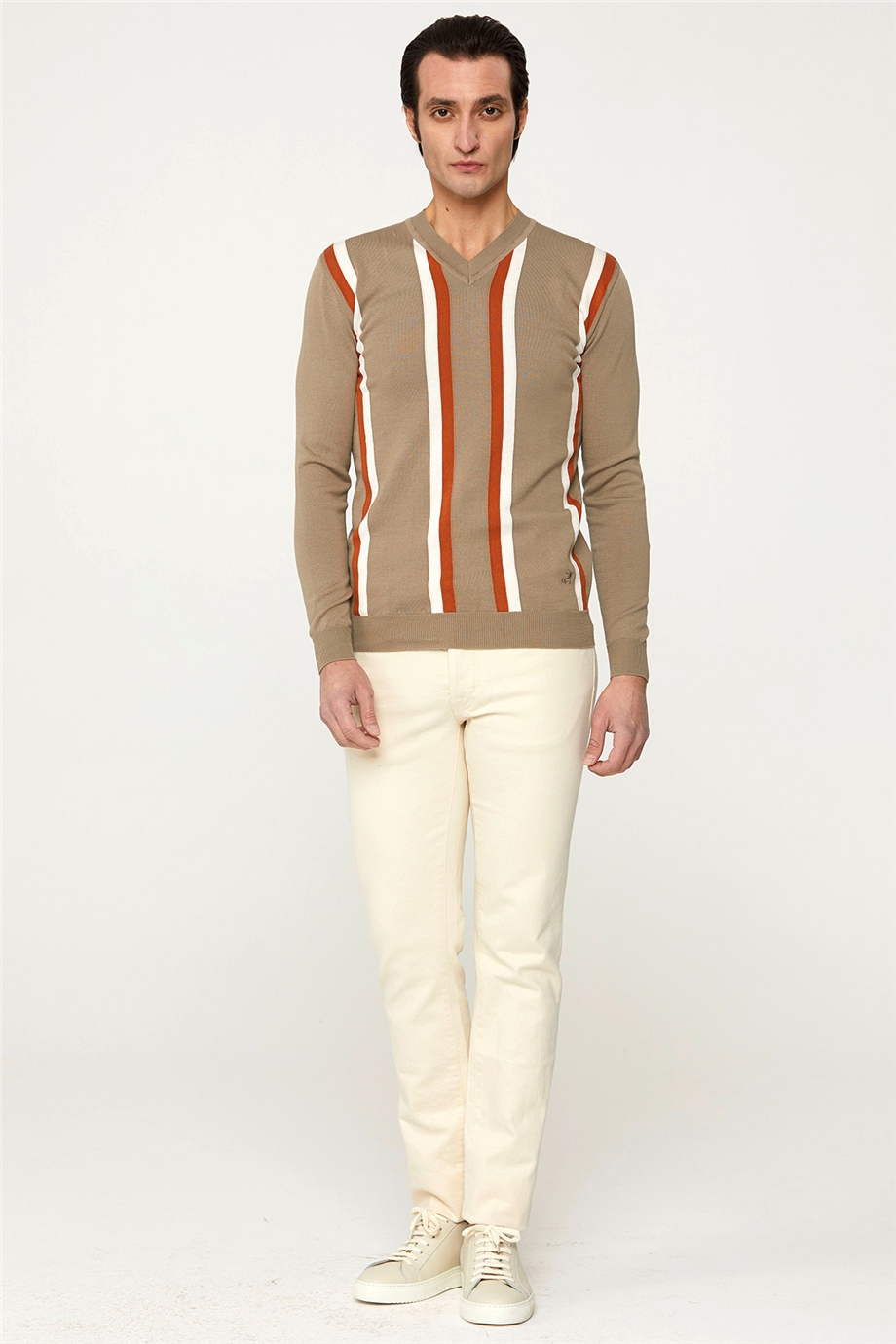 Cream Color Striped V-Neck Knitwear