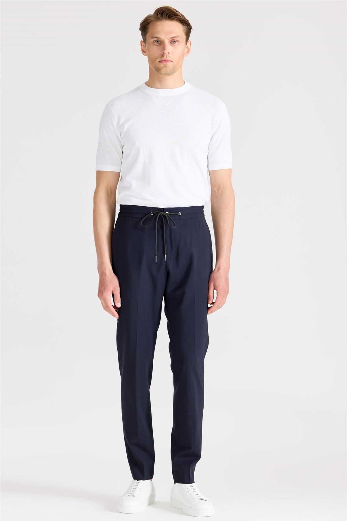 Lacivert Bağcıklı Yün Pantolon 