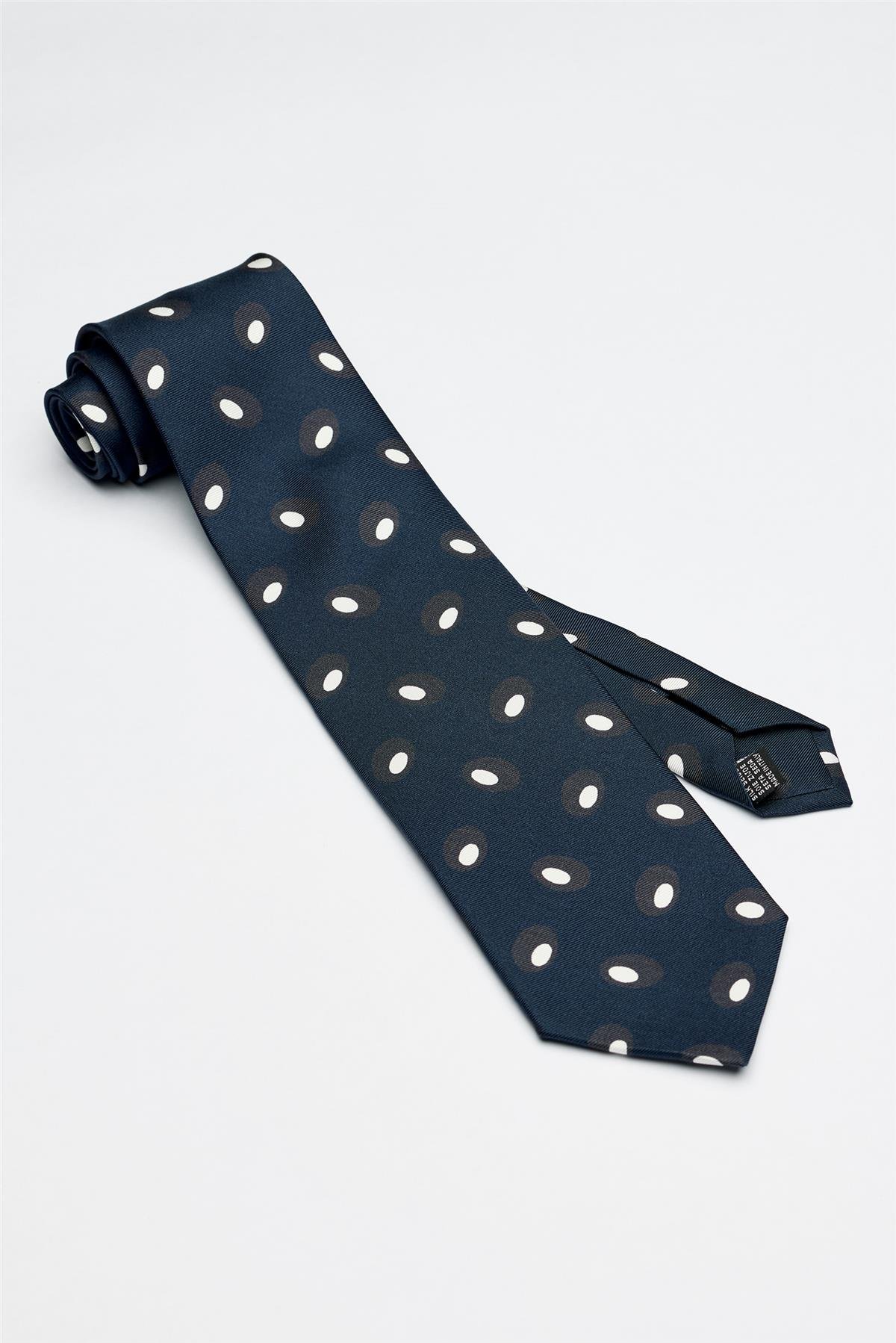 Lacivert Beyaz Desenli Seven Fold İpek Kravat