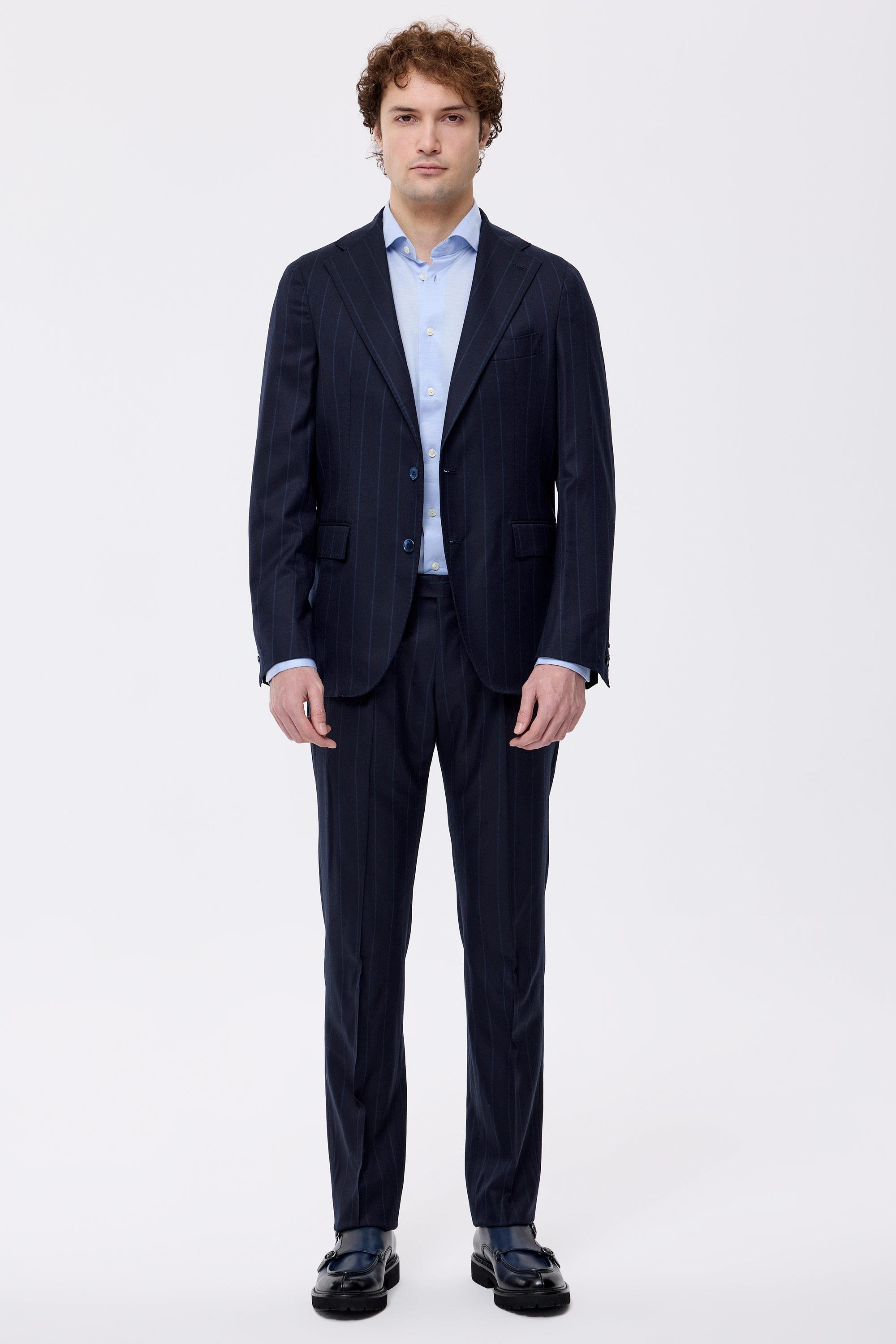 Lacivert Çizgili Saf Yün Takım Elbise