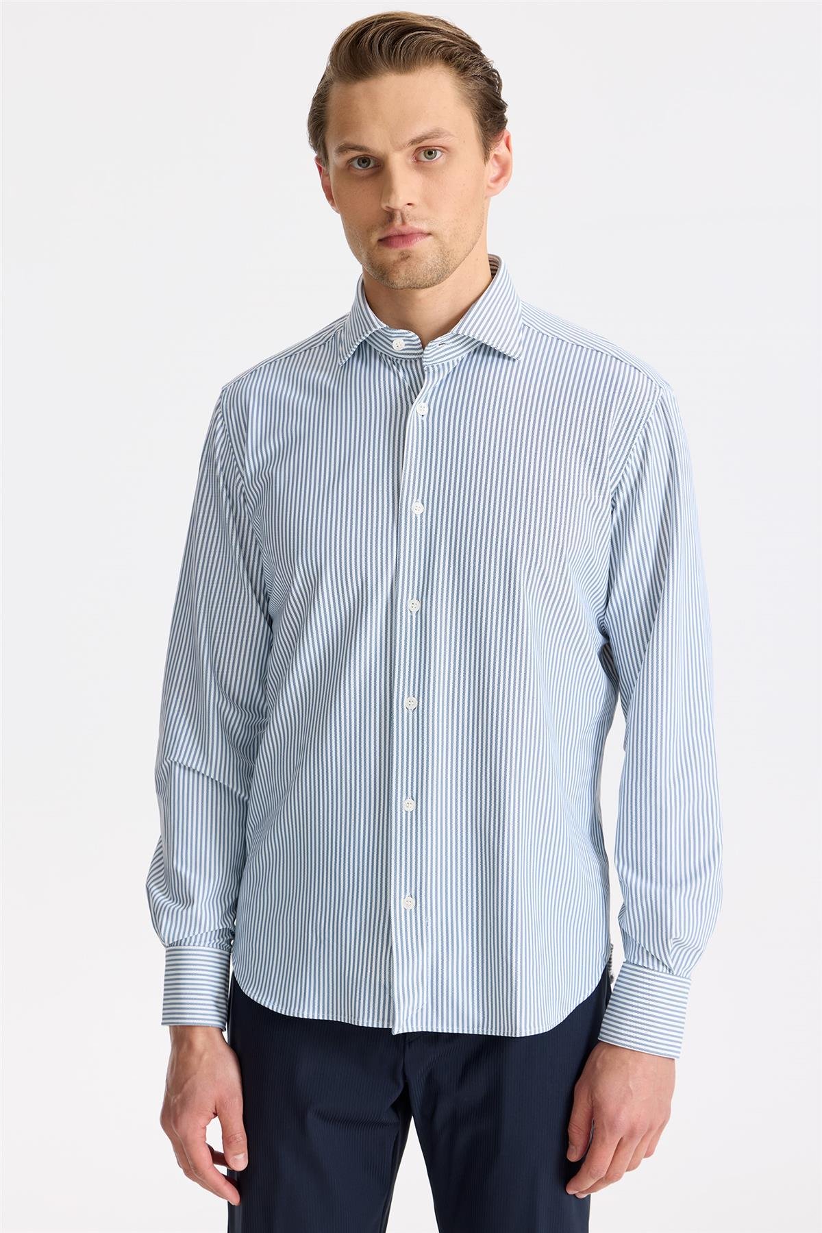 Lacivert Çizgili Teknik Kumaş Gömlek