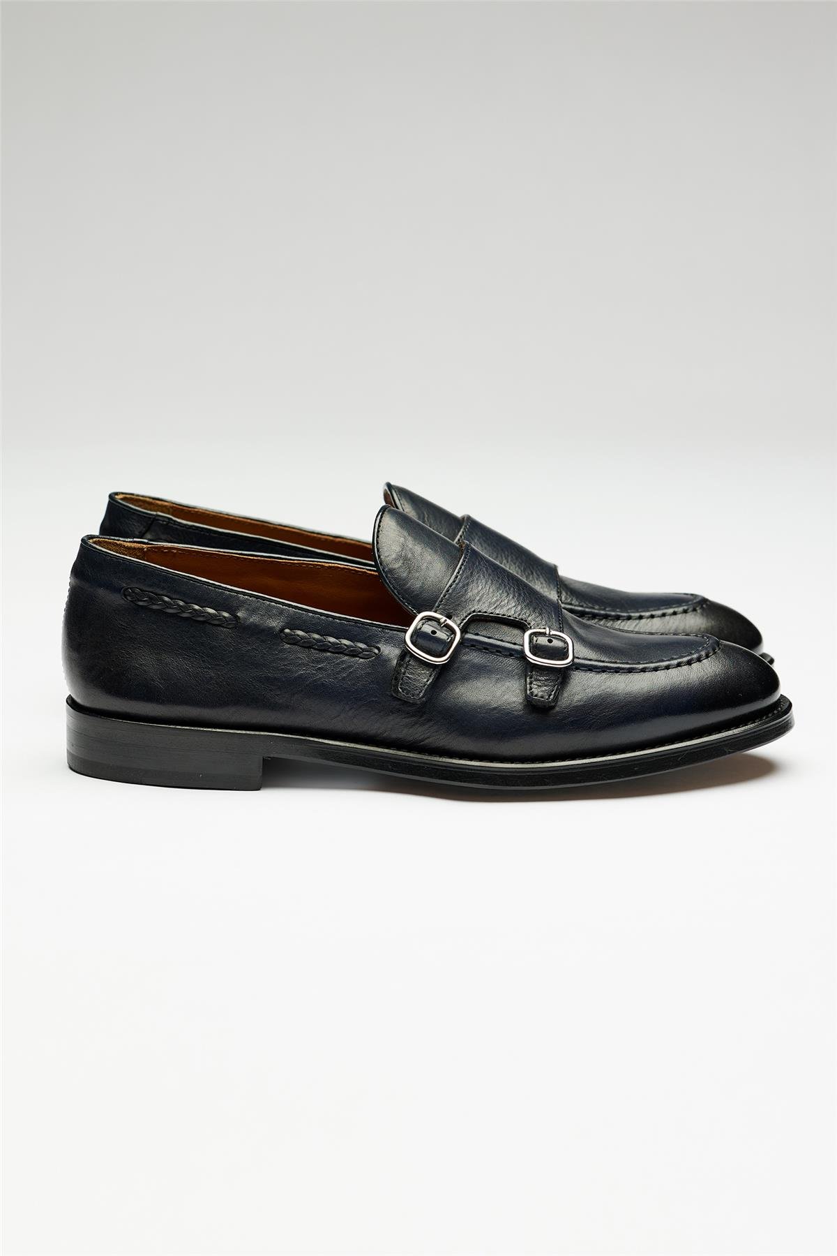 Lacivert Double Monk Deri Loafer
