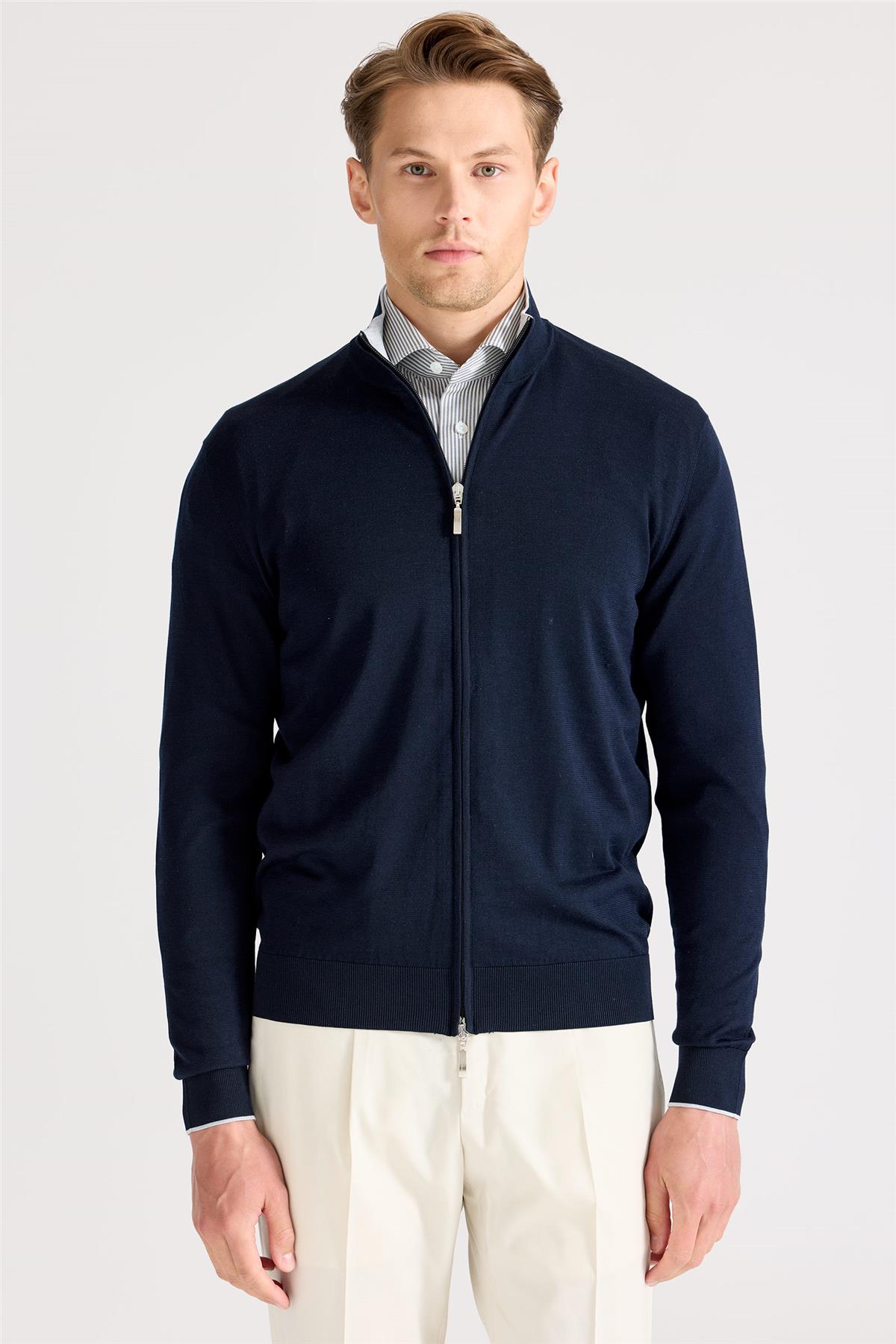 Lacivert Fermuarlı Pamuk İpek Hırka